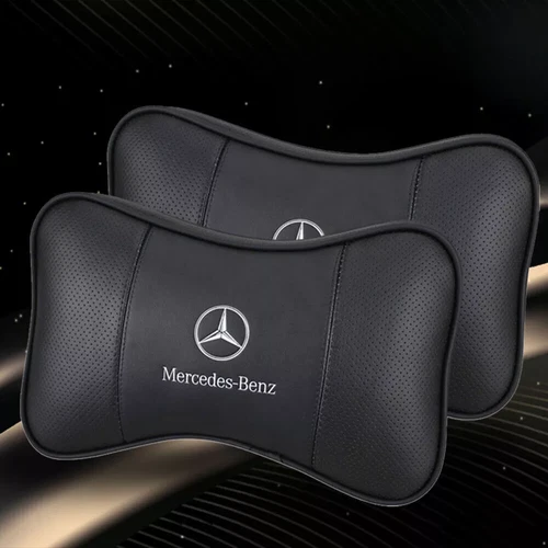 2PCS Car Seat Headrest Neck Cushion Pillows For Mercedes-Benz Black Real Leather - Picture 1 of 6