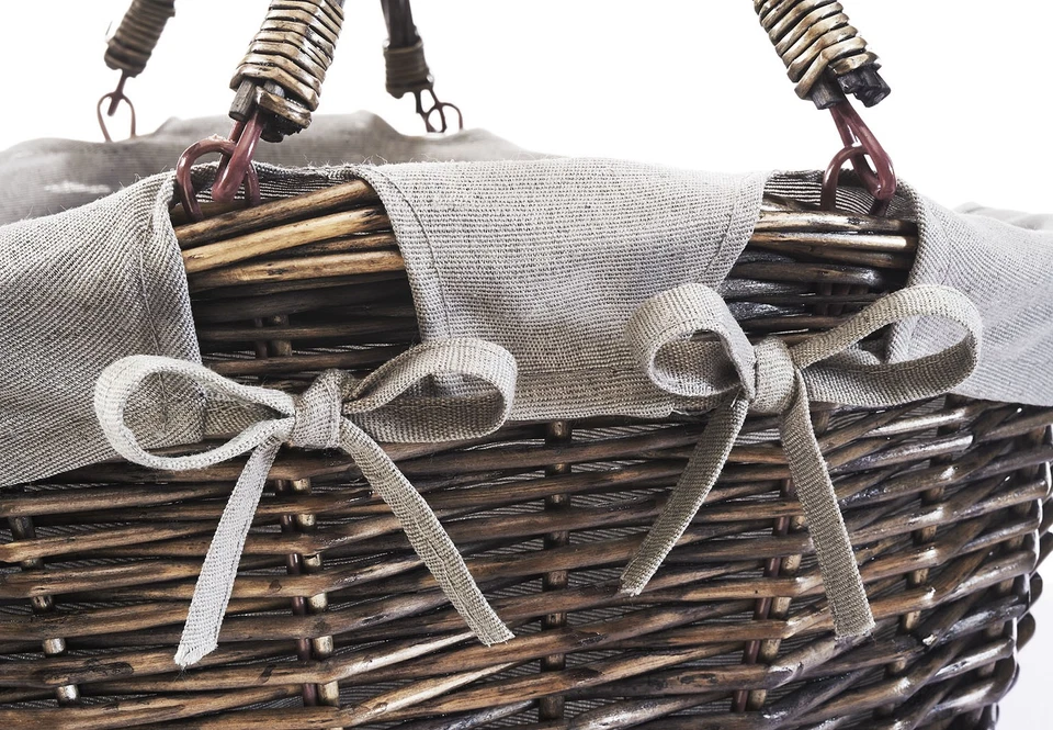 Weidenkorb Einkaufskorb Geschenkkorb Deko oval mit Klapphenkeln und Textil grau - Bild 3 von 4