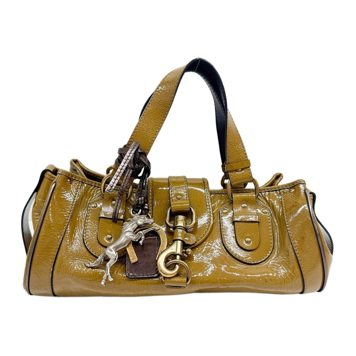 CHLOÉ Paddington Horse Charm Ocher Brown Patent Leather Shoulder 