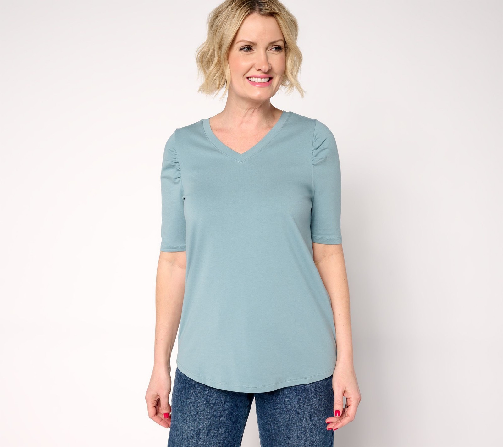 Anybody Women's Top Sz S Cozy Knit Elbow Puff Sleeve Blue A689695