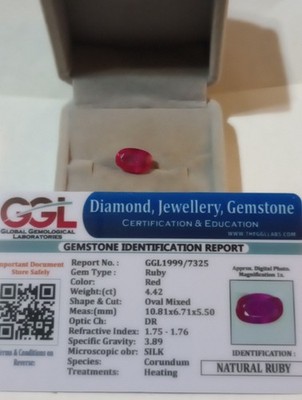 NATURAL EARTH MINED GGL CERTIFIED GEM TESTED HEATED OVAL RED RUBY 4.42 CTS.