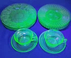 Uranium Vaseline Lot of 14 Jeanette Cherry Blossom Plates Hazel Atlas Cups Glow