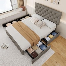 Linen Upholstered Platform Bed Frame w/ 4 Storage Drawers Full Queen King Size