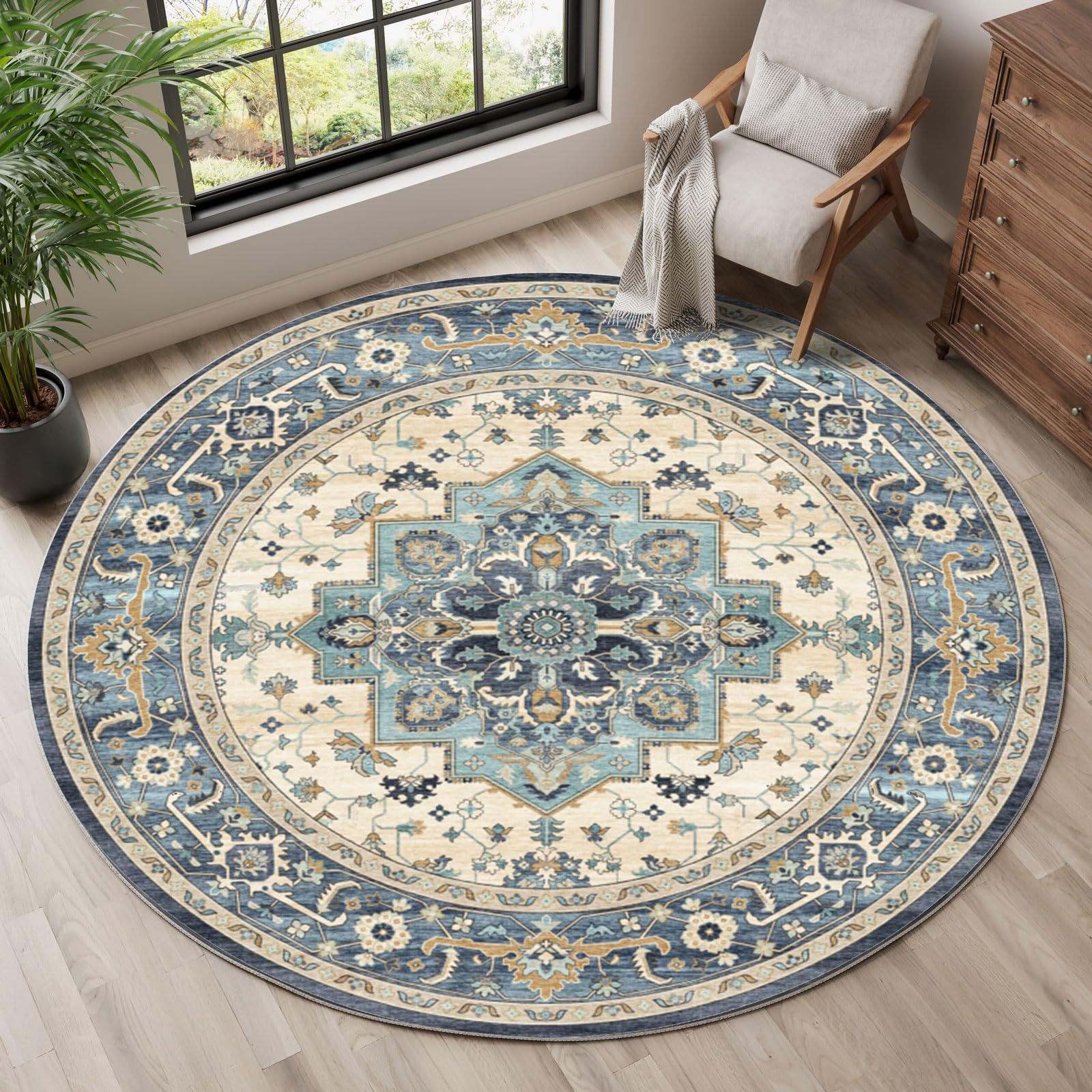 Dripex Vintage Round Rug-6ft Distressed Washable Rugs for Living Room Indoor ...