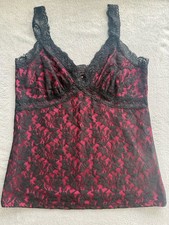 Vtg Babydoll Cami Top Large Black Pink Lace Y2K Whimsigoth Fairy Grunge Made USA