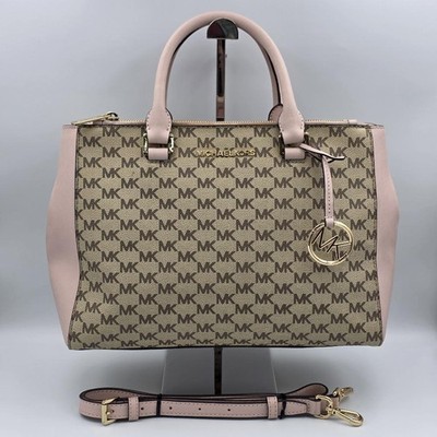 Michael Kors Kellen 2-Way Signature Canvas & Pink Saffiano Leather Satchel Bag