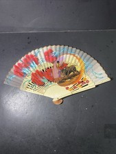 Vintage Hand Painted Spanish Folding Hand Fan Bull Fighting Fabric  Wood