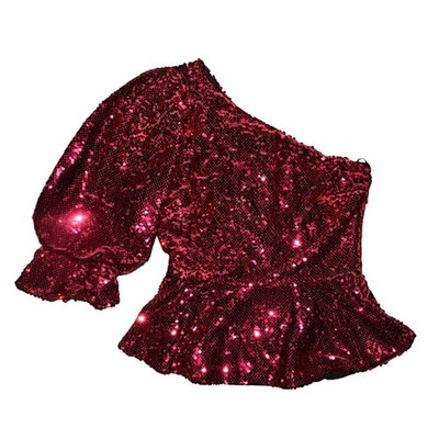 ZARA NEW $74 Pink Sequin Puff Sleeve One Shoulder Peplum Top XS