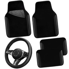 Microfiber Leather Steering Wheel Cover and Waterproof Car Floor All Black