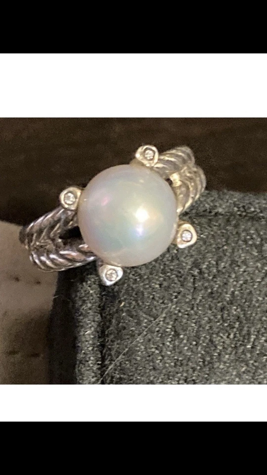 Anillo de plata David Yurman 9,5-10 mm perlas diamantes cable clásico talla 9,5 Foto 3 de 4