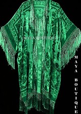 Emerald Green Silk Burnout Velvet Fringe Jacket Kimono Duster Maya Matazaro Plus
