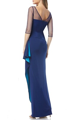 turquoise and navy blue dress JS COLLECTIONS Navy Turquoise Ruffle Drape Sheer Illusion Stretch Crepe Gown  10