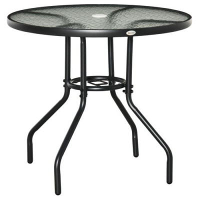Outdoor Rund Esszimmer Garten Terrasse Tisch Hartglasplatte Stahl Sonnenschirm Loch