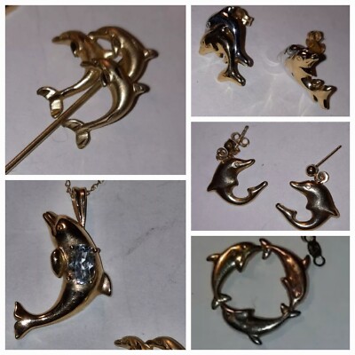 Dolphin jewelry lot 14K 10k Gold Aquamarine necklace charm earrings pin scrap
