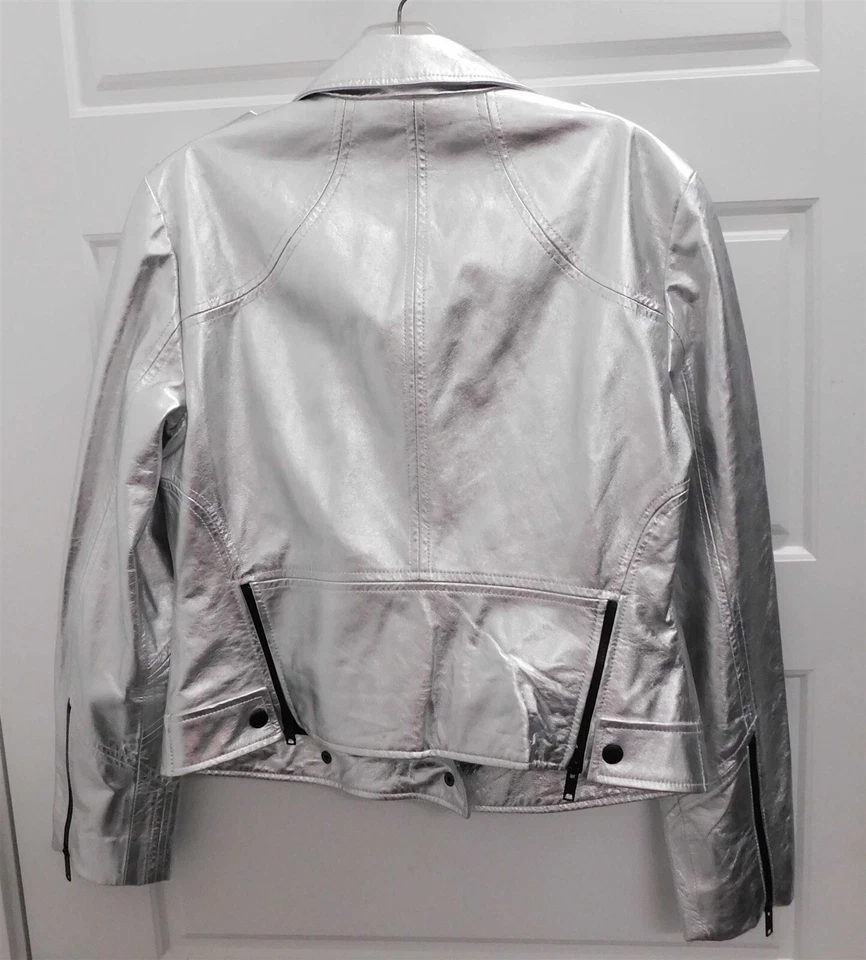 Chaqueta de moto de cuero de cordero plateado DKNY Italia talla M Foto 2 de 4