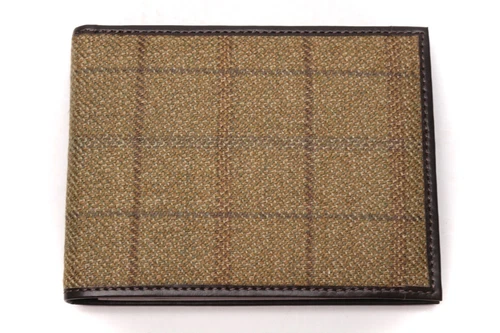 Mens Handmade Bifold Wallet Italian Leather Tweed Beige Windowpane Gift for Him