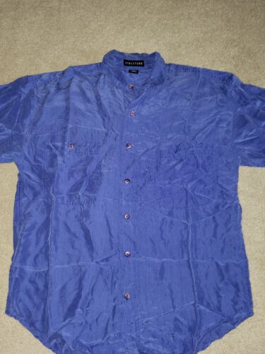 Vintage Structure 90s Silk Shirt Button Short Sleeve Blue Size Medium - Picture 2 of 8