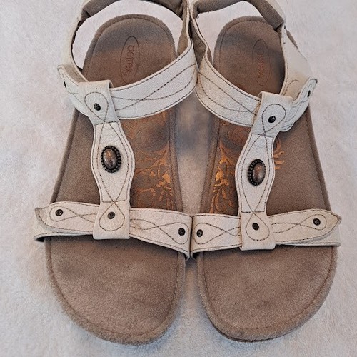 Aetrex Lori White Leather T-Strap Sandals Medallion Studs Cork Flats Size  8.5 | eBay