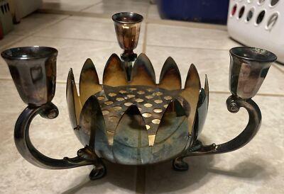 F.B.R. Italy Silver Lotus Flower Candle Holder Centerpiece With Flower Frog Vtg