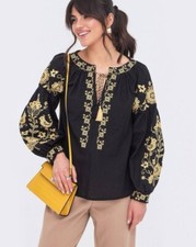 Ukrainian Vyshyvanka Black embroidered women blouse long sleeve shirt embroidery