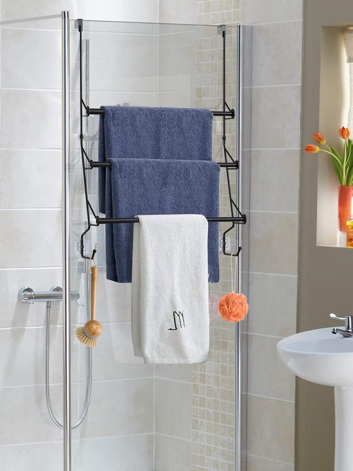 Over the Door Towel Rail, 3-Tier Adjustable Bathroom Towel Rack with Hooks, Bar | eBay