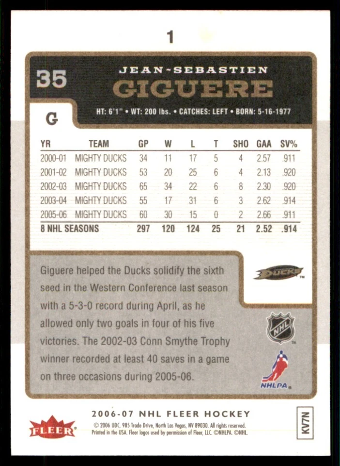 2006-07 Fleer Jean-Sebastien Giguere Anaheim Ducks #1 - Image 2 of 2