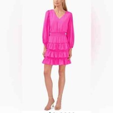 Halogen Size L Pink Long Puffed Sleeve Tiered Ruffle V-neck Dress Flirty EUC