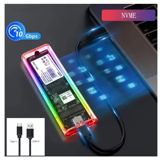 Boîtier SSD LED transparent RGB USB 3.0 M.2 NVME PCIe disque 2280 2260 2242 2230 - Image 2 of 4