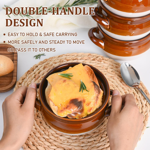 French Onion Soup Bowls with Handles, 28 Oz Ceramic Soup Crocks Oven Proof Soup - Picture 3 of 7