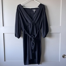 DKNY A-Line Dress Women 12 Black V-Neck Belted Neutral Minimalist Career Preppy