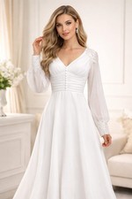White Lace Long Sleeve A-Line V Neck Full-Length Wedding Dress