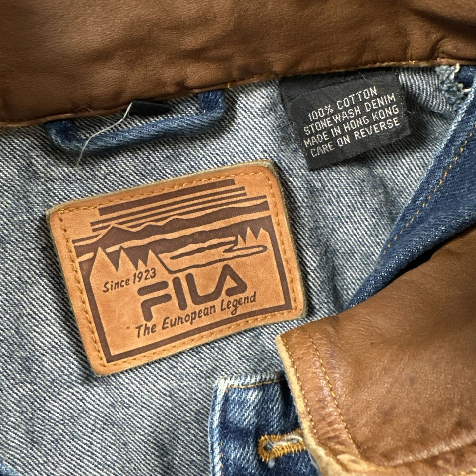 Chaqueta vaquera Fila vintage estilo bombardero acento de cuero talla L años 90 grunge abotonada Foto 3 de 4