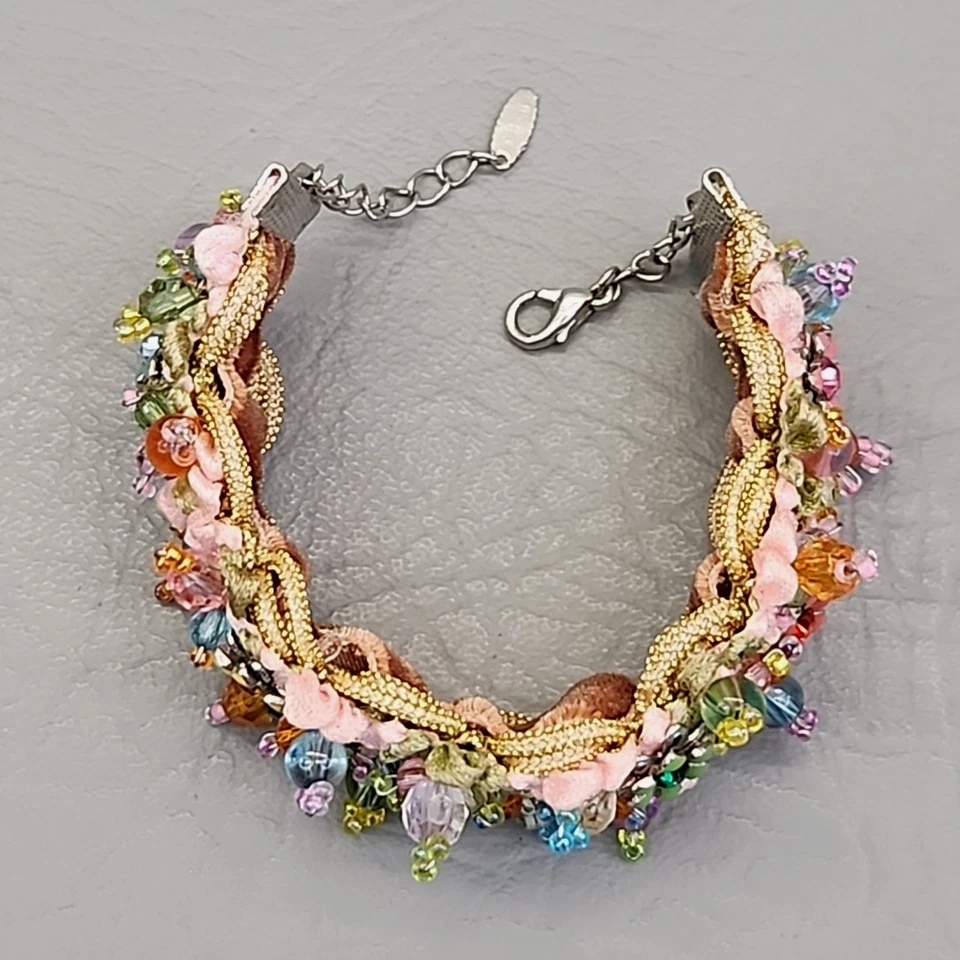 Beaded Bracelet Flexible Multicolor Pastels Fabric 7.5" - Image 3 of 4
