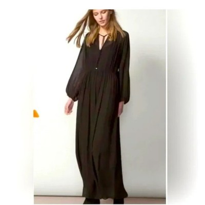 Massimo Dutti Black semi sheer Chiffon long sleeve maxi dress womens Small