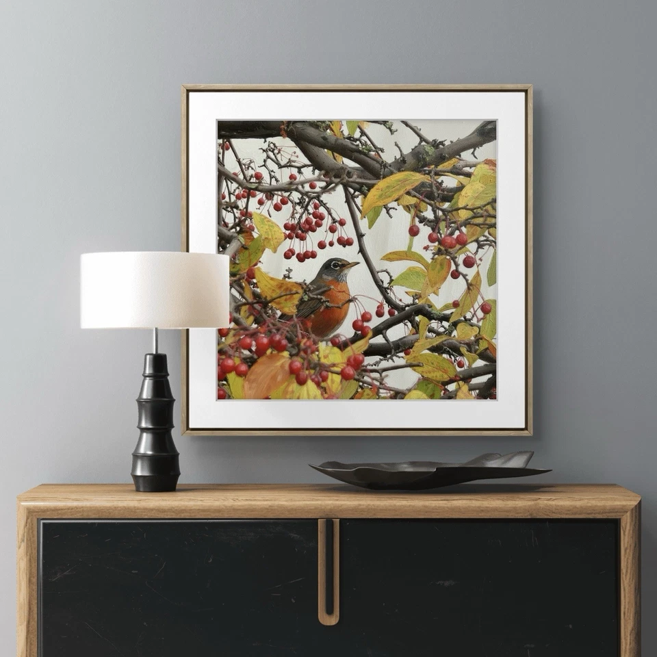 Arte Pintura al óleo "A Robin's Treat" Bodegón Lienzo Hogar Paisaje Realista 12 Foto 4 de 4