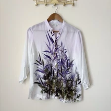Citron Santa Monica Blouse Small Purple Leaf Print Button Front