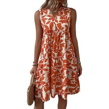 Orange Cream Leaf Print Tiered Midi Dress Sleeveless Boho V neck Casual Sz XL