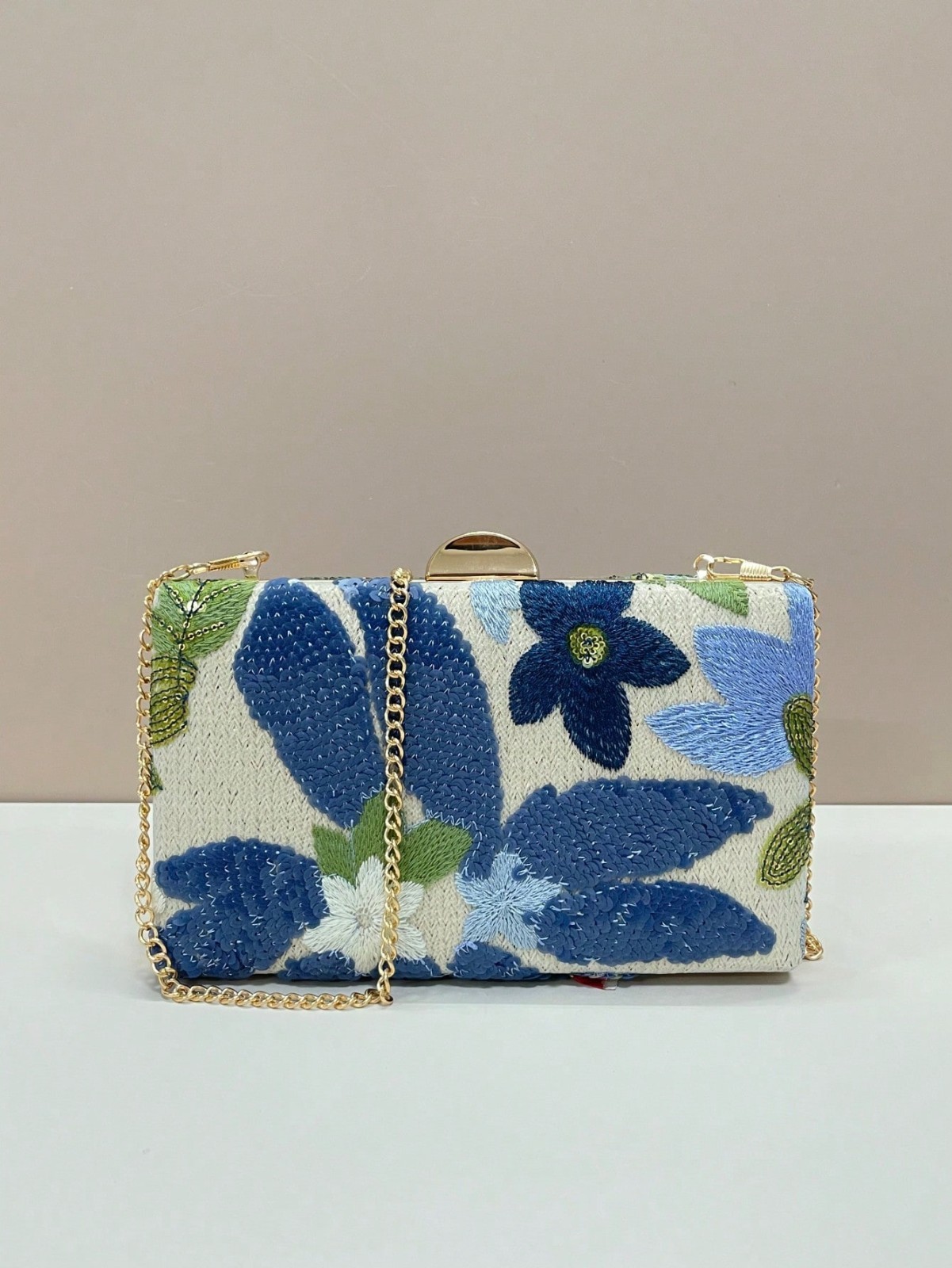 Bolso sin asas de noche bordado con lentejuelas florales cadena de metal boda fiesta