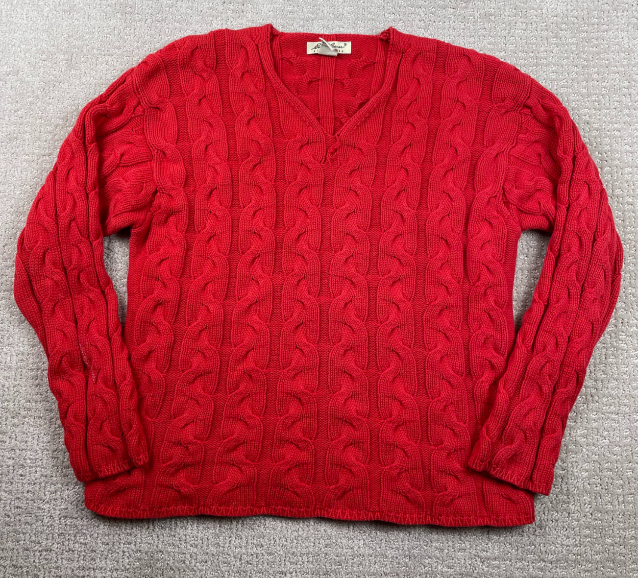 Vintage Eddie Bauer Sweater Womens M Red Cable Knit V Neck Cotton Pullover 90s
