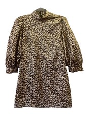 Zara Gold Lurex Leopard Print 3/4 Puff Sleeve Mini Dress Size S