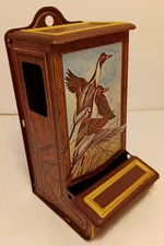 Vintage Jasco Tin Matchstick Holder With Ducks In Flight Made In Hong Kong NOS
