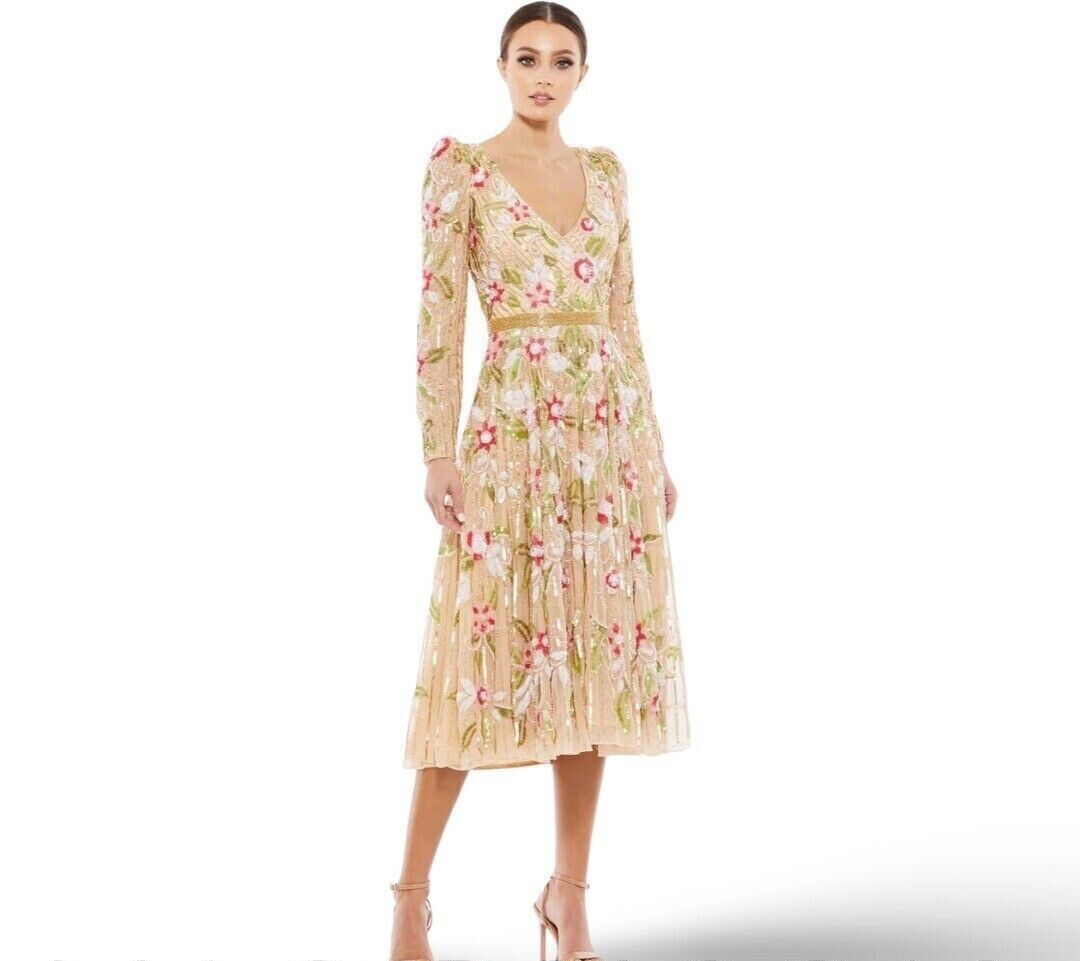 NWT Mac Duggal Long Sleeve Floral Beaded Midi Dress 5415 SZ