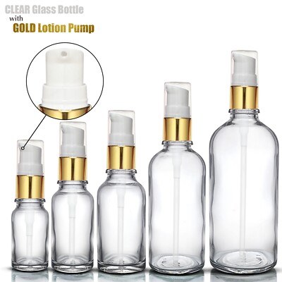 KLARGLASFLASCHE mit GOLD ALUMINIUM LOTIONSPUMPE für Seren Cremes Desinfektionsmittel