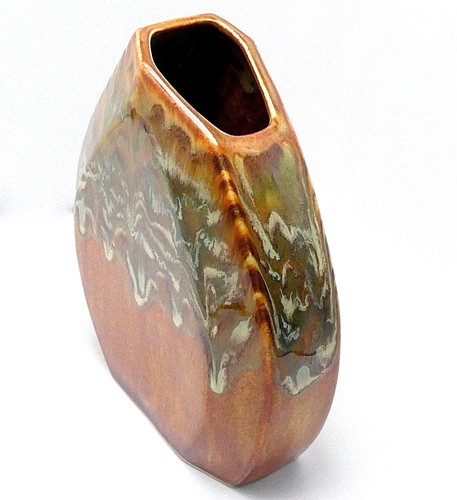 Studio Art Pottery Vase Drip Glaze Decor Slant Asymmetrical Brown Green Signd 8" - Picture 8 of 12
