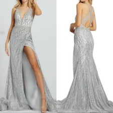 Mac Duggal Silver Embellished Sequin Beaded Cross Back Gown Size 14 $598 Prom
