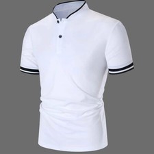 Mens Fashion Simple Solid Color Casual Button Short Sleeve Collarless Shirt Tops