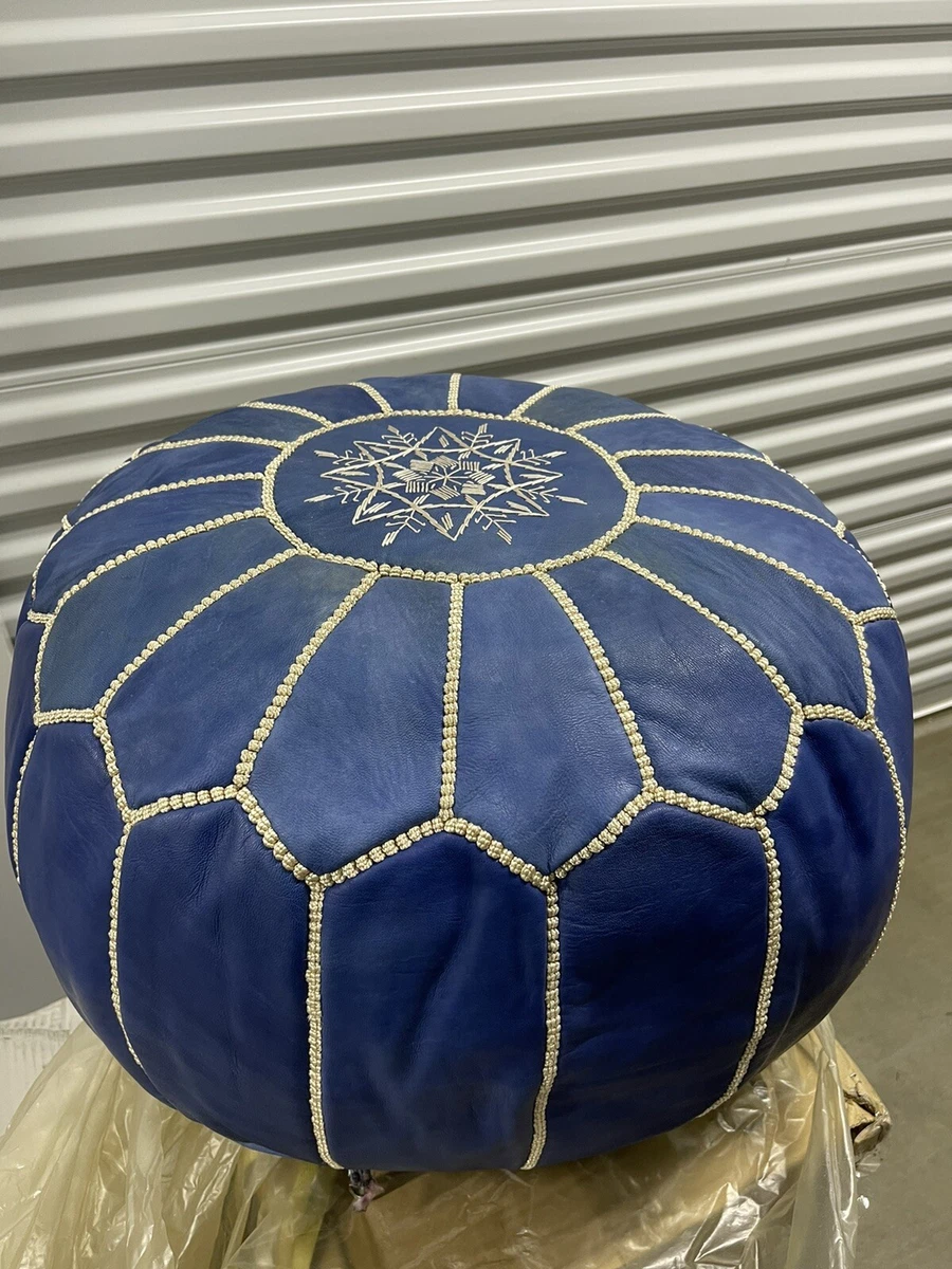 Moroccan Leather Handmade Pouf Ottoman Dark Blue Floor Cushion