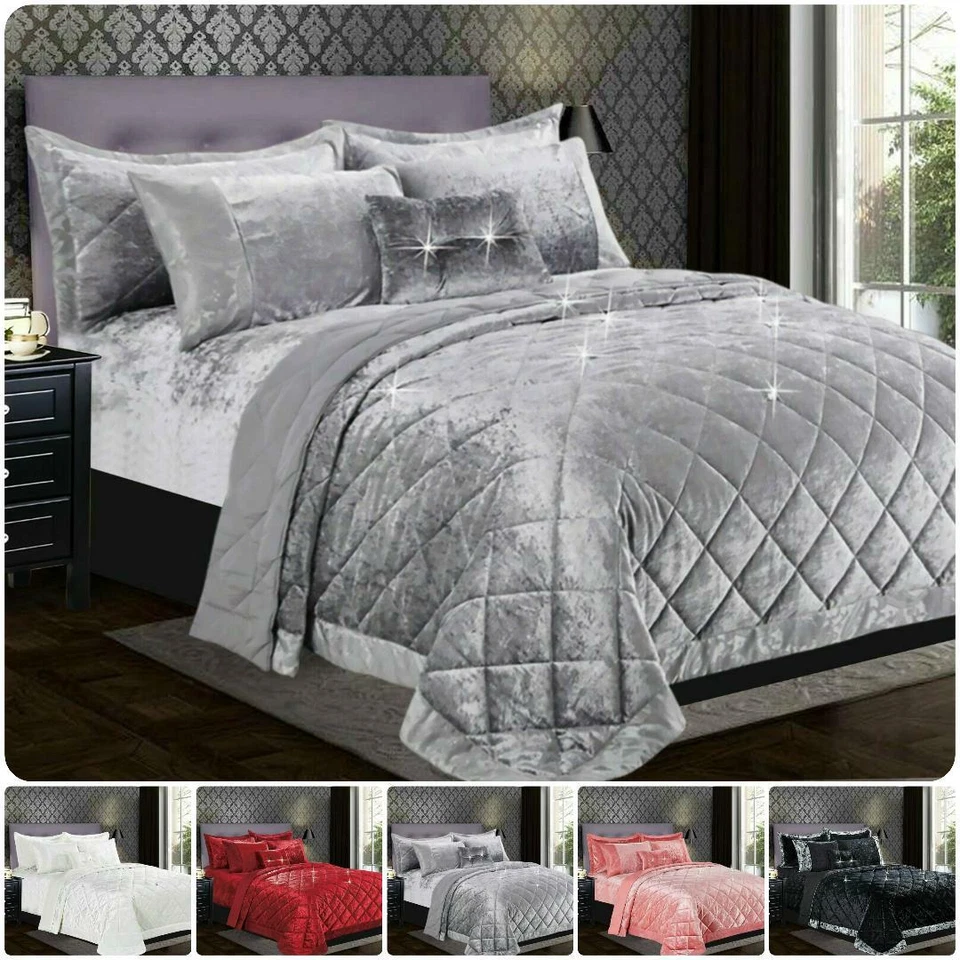 Luxury Crushed Santago Velvet Bedspread Quilted Comforter Bed Throw Bedding Set*