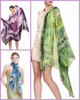 Prettystern XXL 180/110 cm Seiden-Stola Pareo Seiden-Tuch Monet Grün Seerosen