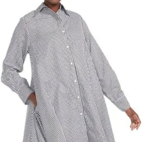 Gingham Checks Button Front Cuff Sleeve Peter Pan Colar Pockets Shirtdress 0XL - Picture 4 of 15
